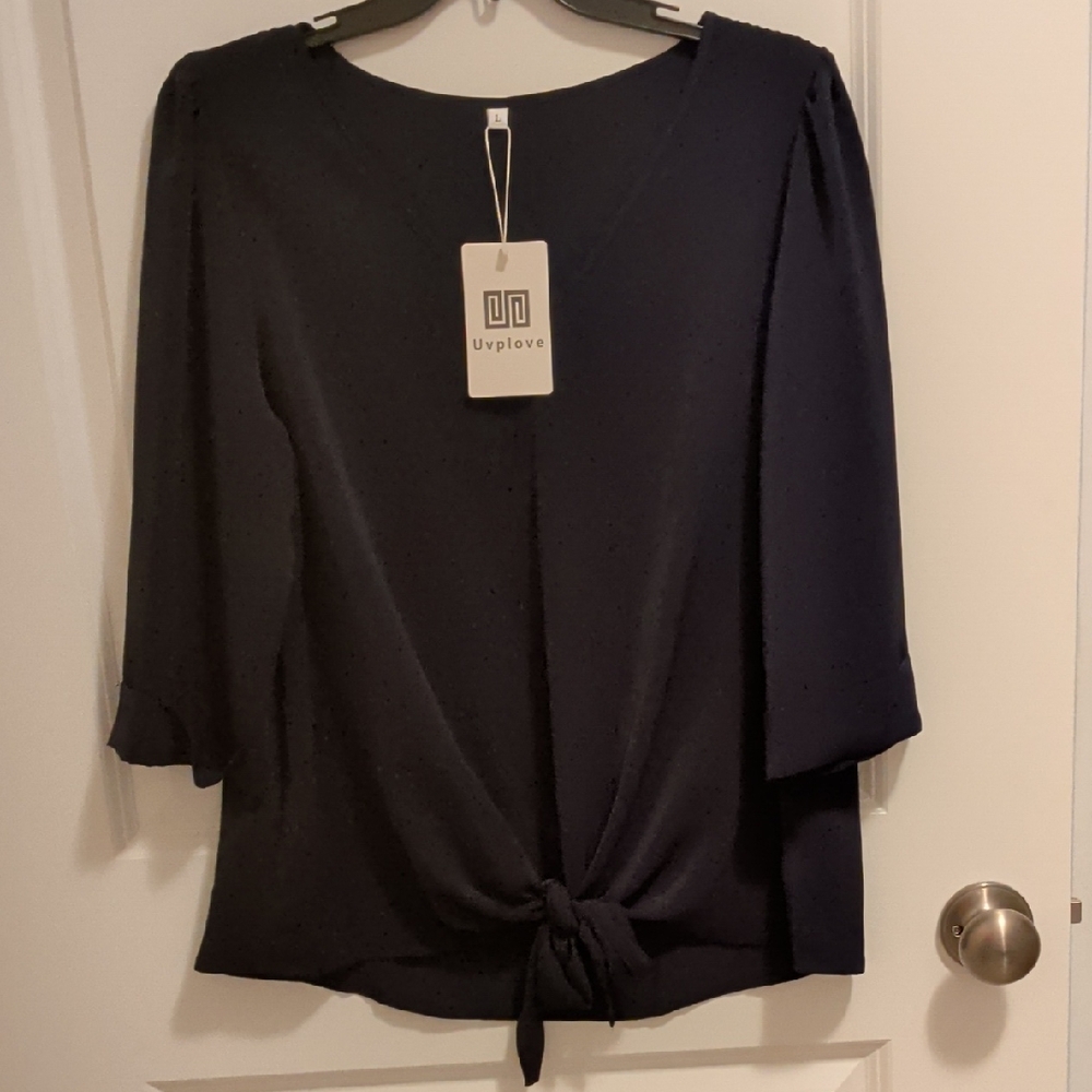 Love Women's Elegant Black Blouse. Tie In The Front Makes This Top Super Flatter